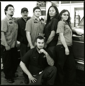 During a break I photographed some of the folks that work at the local Jiffy Lube. From left: Memo, Dan, Matt, Alofa, Gaby 