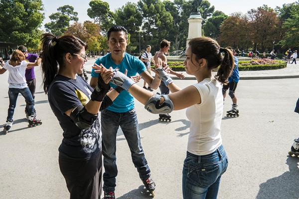 Roller blade dance instruction.