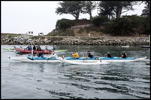 Yesterday Alice, with a crew from Outrigger Santa Cruz, paddled across the Monterey Bay. Here they are leaving the Santa Cruz Harbor.